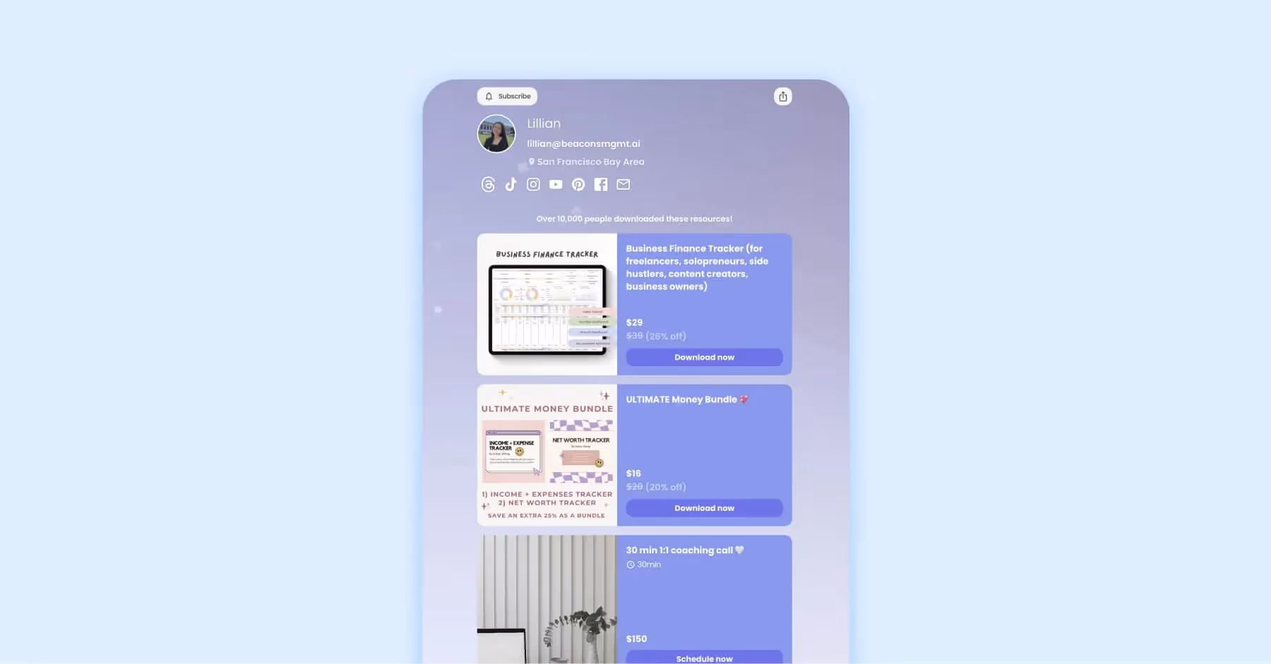 Mobile preview of Beacons profile with finance tracker and coaching call links.
