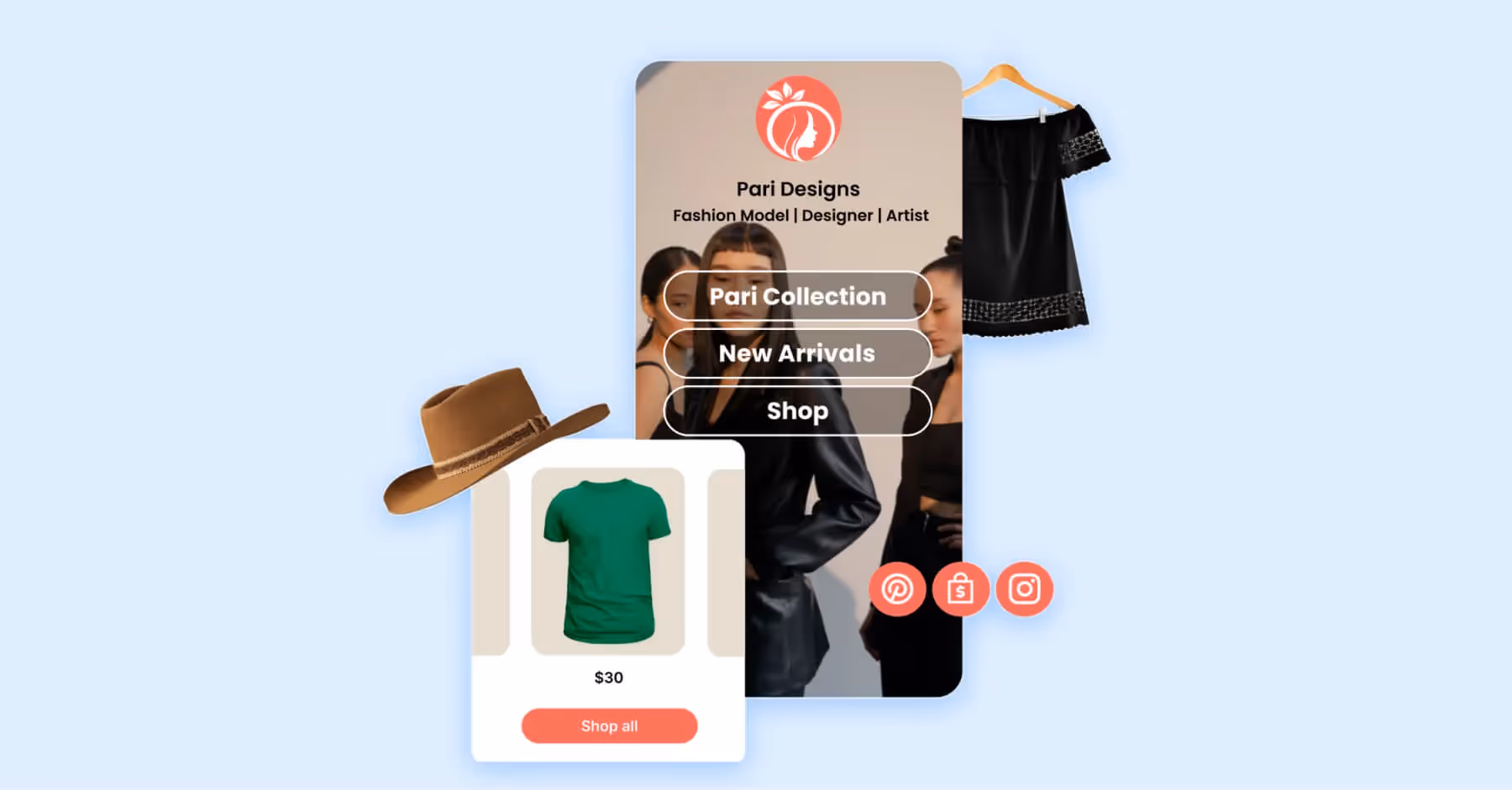 Pari Designs mobile shop with fashion models, clothing items, and call-to-action links.