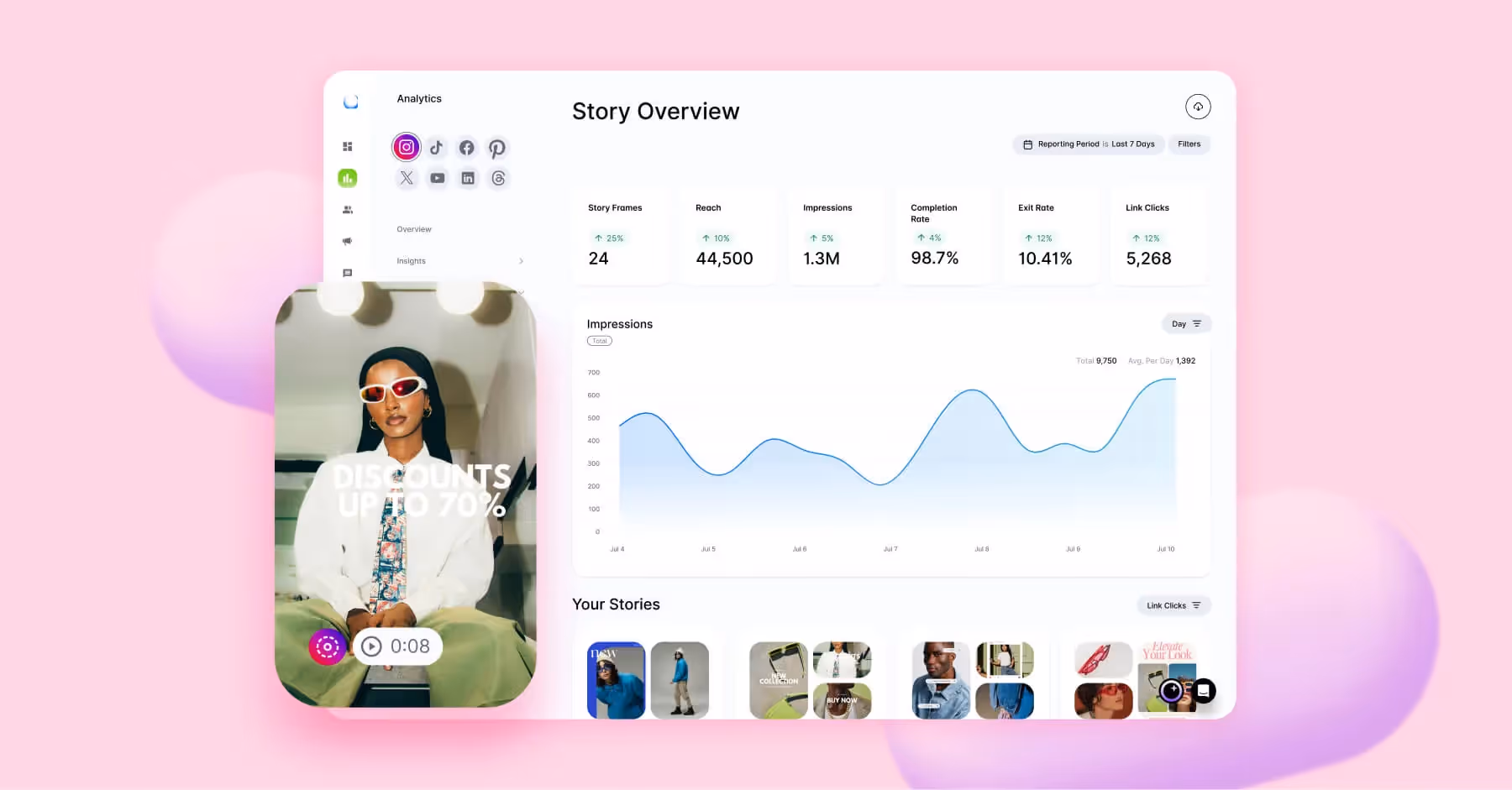 Instagram Stories dashboard showing analytics metrics and viewer trends on Dash Social