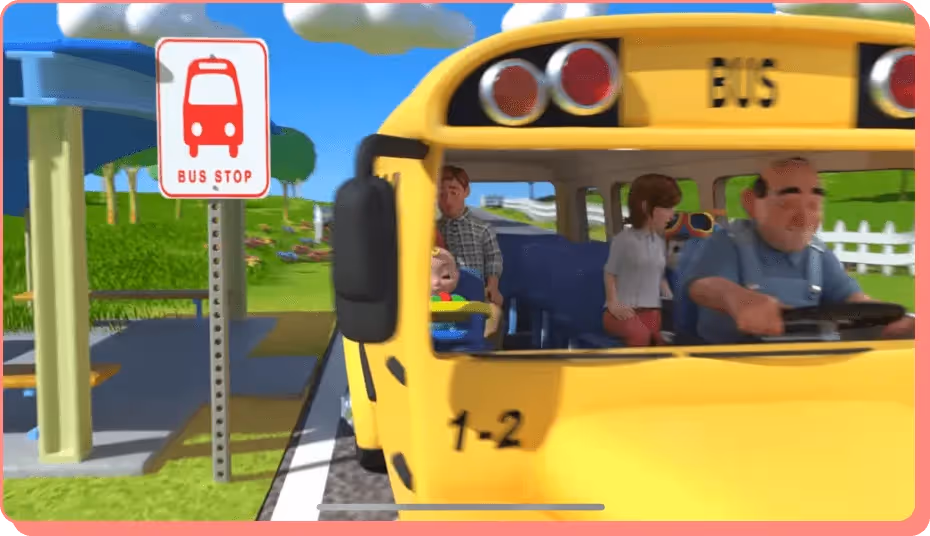Animated school bus at stop from Wheels on the Bus, a highly viewed YouTube kids video.