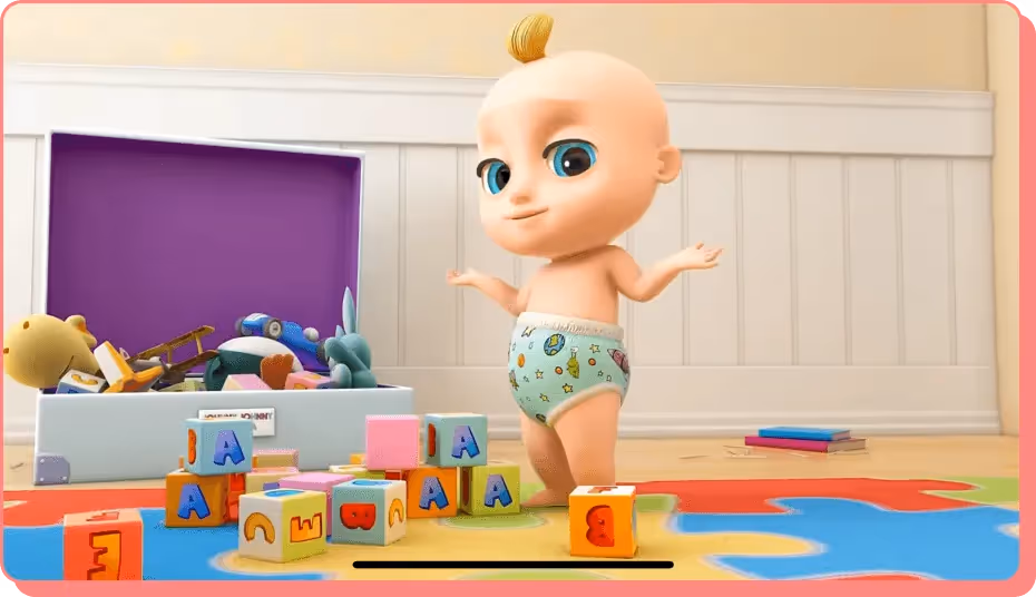 Cocomelon baby shrugging in diaper near alphabet blocks, from a top YouTube video.