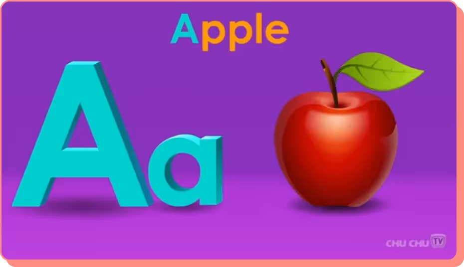 Colorful Aa and apple visual from ChuChu TV’s alphabet video on YouTube.