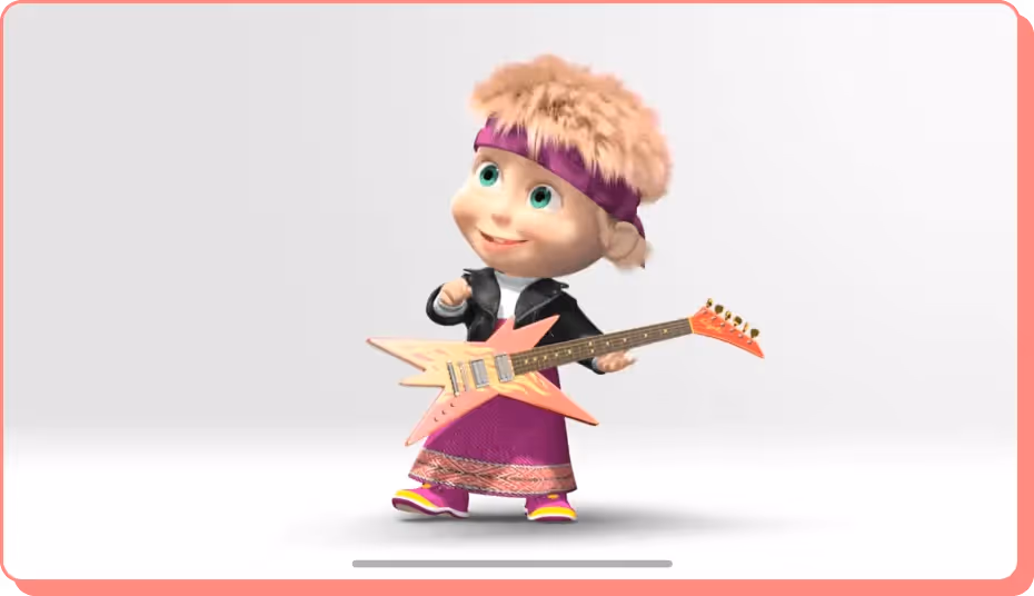 Masha in rockstar outfit playing guitar from Masha and the Bear YouTube video.