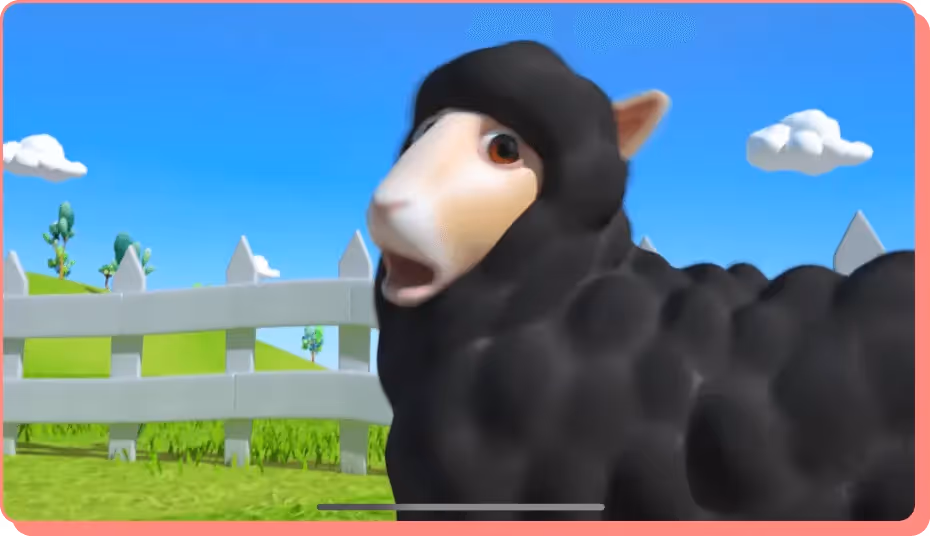Animated black sheep in field from popular Baa Baa Black Sheep YouTube video.
