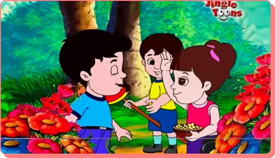 Cartoon kids in garden scene from Jingle Toons Hindi nursery rhymes on YouTube.