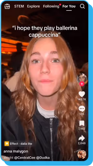 Girl in a dimly lit room with caption joking about a misheard song name.