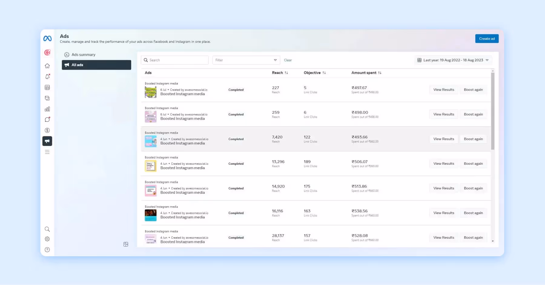 Instagram tool for tracking ad performance, reach, and spend in Meta Ads Manager.