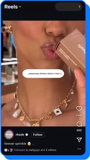 Close-up of woman kissing Rhode product with fan comment overlay on Instagram Reels.
