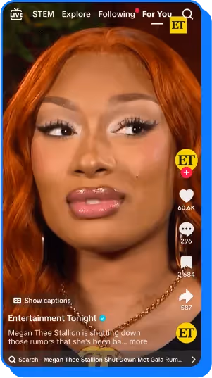 Megan Thee Stallion on ET's TikTok Live, addressing rumors with captions on screen.