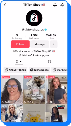 TikTok Shop US profile page showing followers, pinned videos, and link in bio.