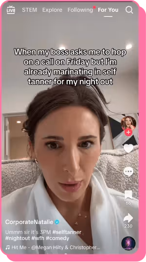 Woman in robe reacts humorously to a Friday work call, referencing self-tanner.