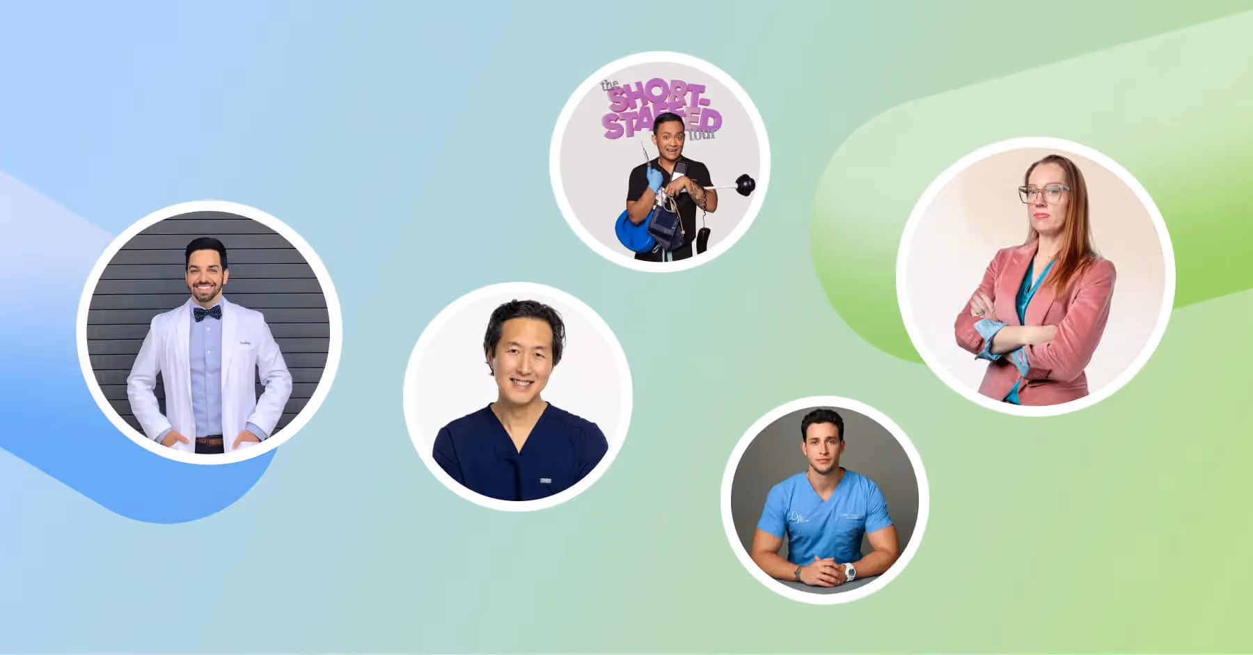 Five top healthcare influencers featured in circular frames on a gradient background for Dash Social