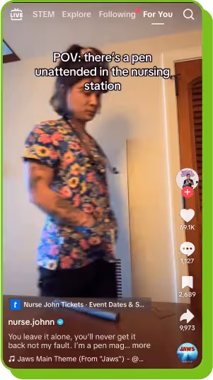 Nurse John acts out a viral TikTok skit at a nursing station as a top healthcare influencer.