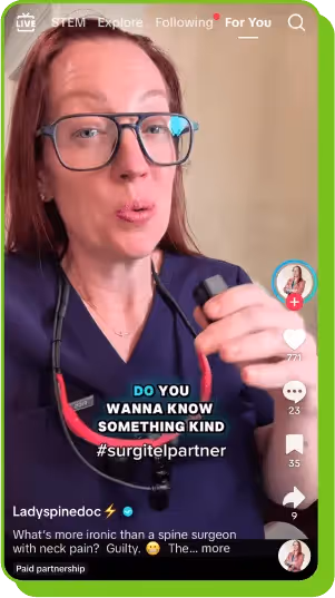 Ladyspinedoc talks neck pain with humor and sponsorship in healthcare influencer content.