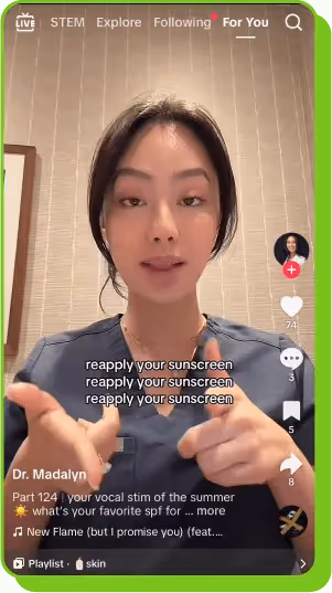 Dr. Madalyn reminds TikTok viewers to reapply sunscreen as a skincare healthcare influencer.