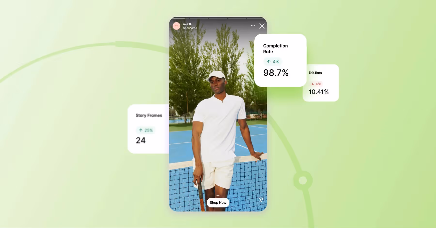 Man in tennis outfit on Instagram Story with analytics overlay, for Dash Social's Instagram story ha