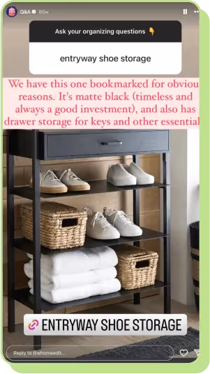 Black entryway shoe rack with baskets, sneakers, and folded white towels