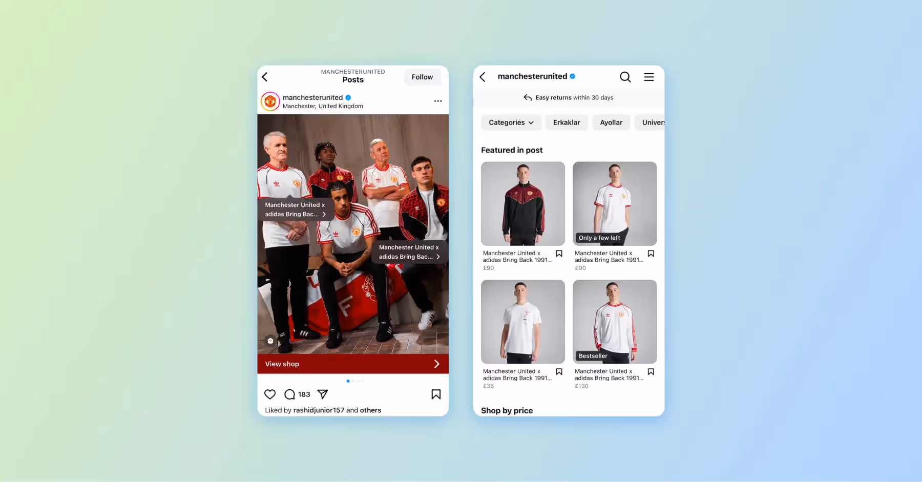 Manchester United adidas collab shown on Instagram post and shop with jersey listings.