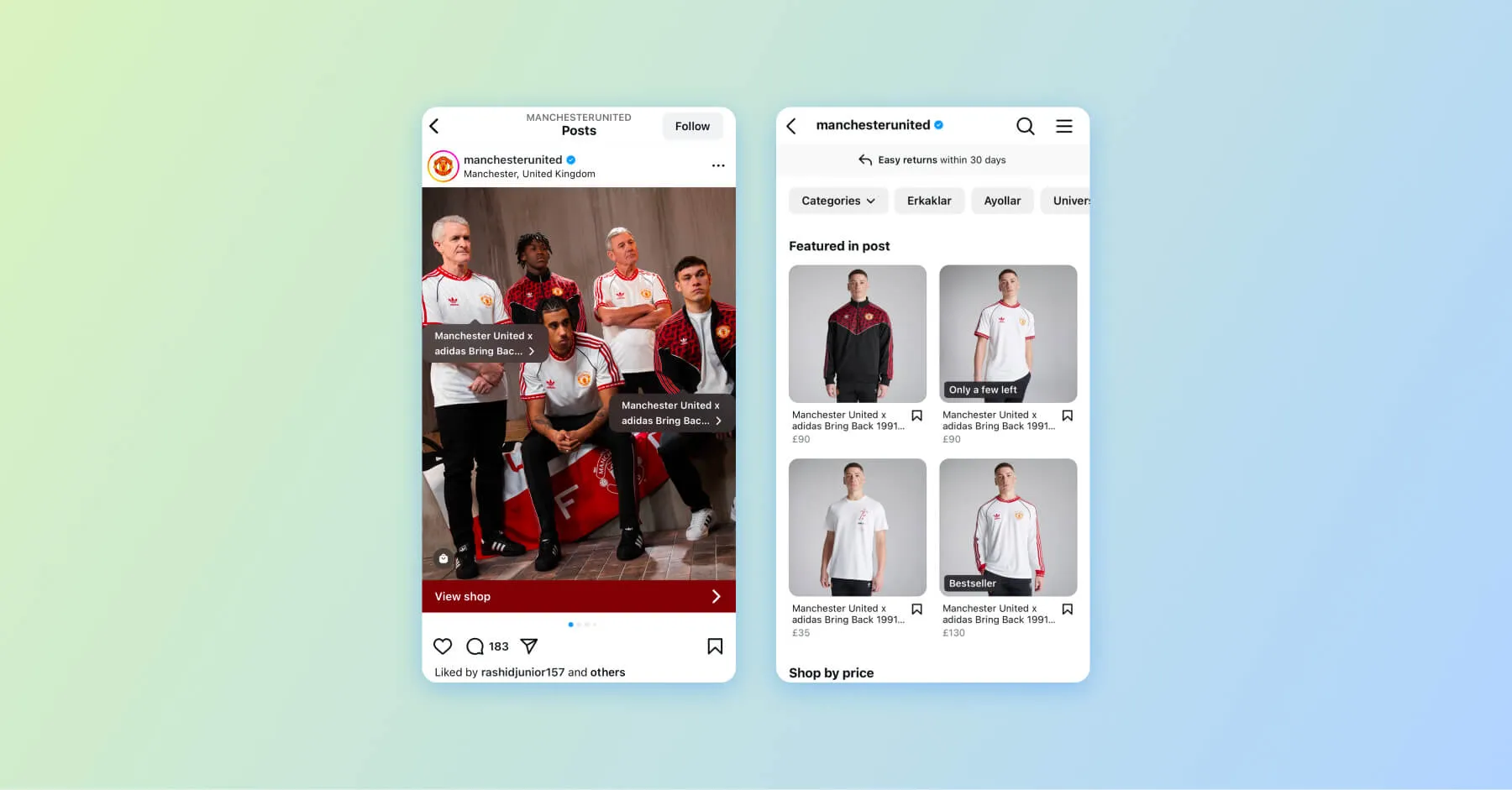 Manchester United adidas collab shown on Instagram post and shop with jersey listings.