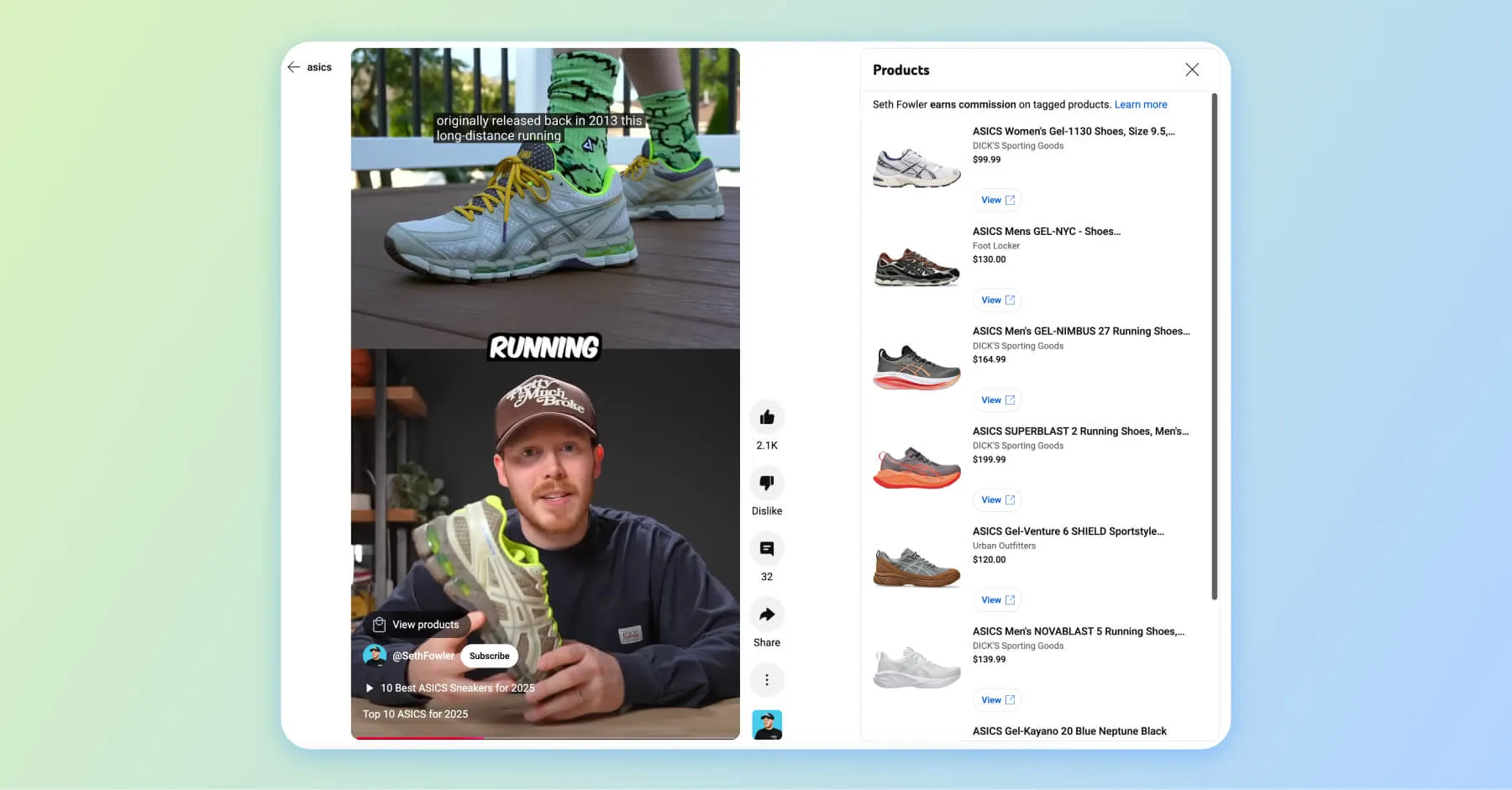 YouTube video featuring ASICS sneakers with tagged products listed on the right.YouTube video featuring ASICS sneakers with tagged products listed on the right.