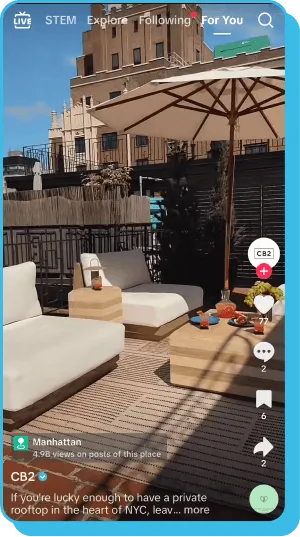Modern rooftop lounge featured in a TikTok influencer marketing post in Manhattan.