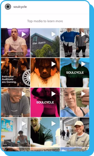 Grid of energetic SoulCycle Instagram videos with instructors and branding in bold colors