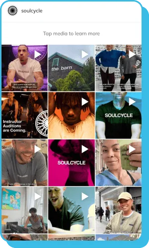 Grid of energetic SoulCycle Instagram videos with instructors and branding in bold colors