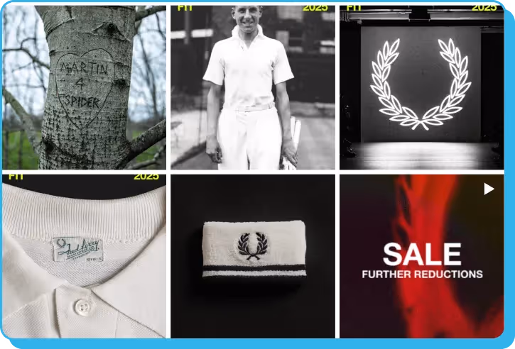 Fred Perry Instagram grid with vintage portraits, logo spotlight, and product closeups