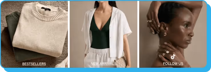 Bestselling knitwear, new arrivals, and follow us callout in neutral fashion campaign