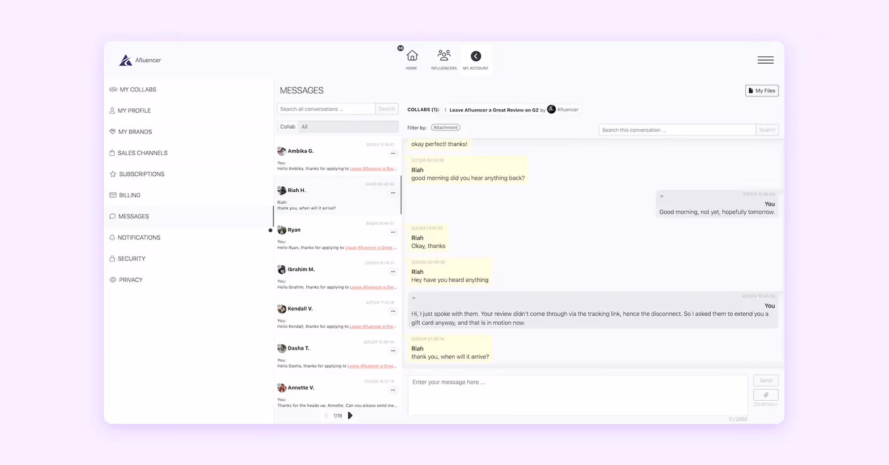Influencer messaging and collab management dashboard from Afluencer platform