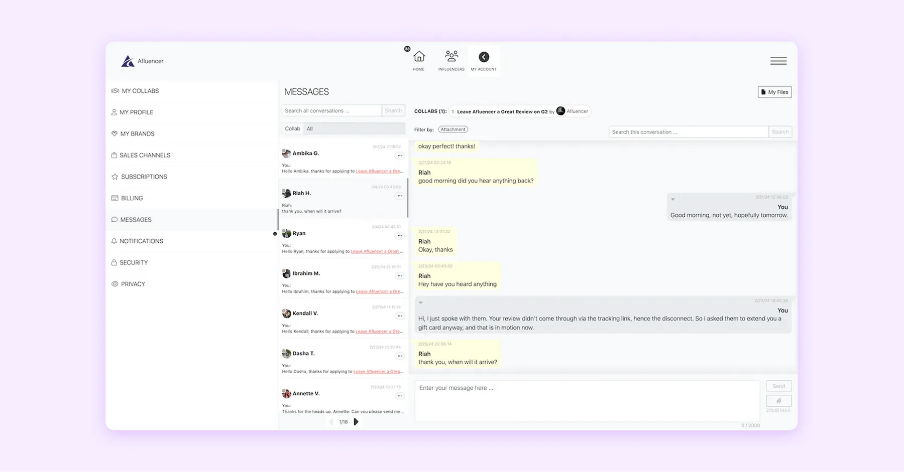 Influencer messaging and collab management dashboard from Afluencer platform
