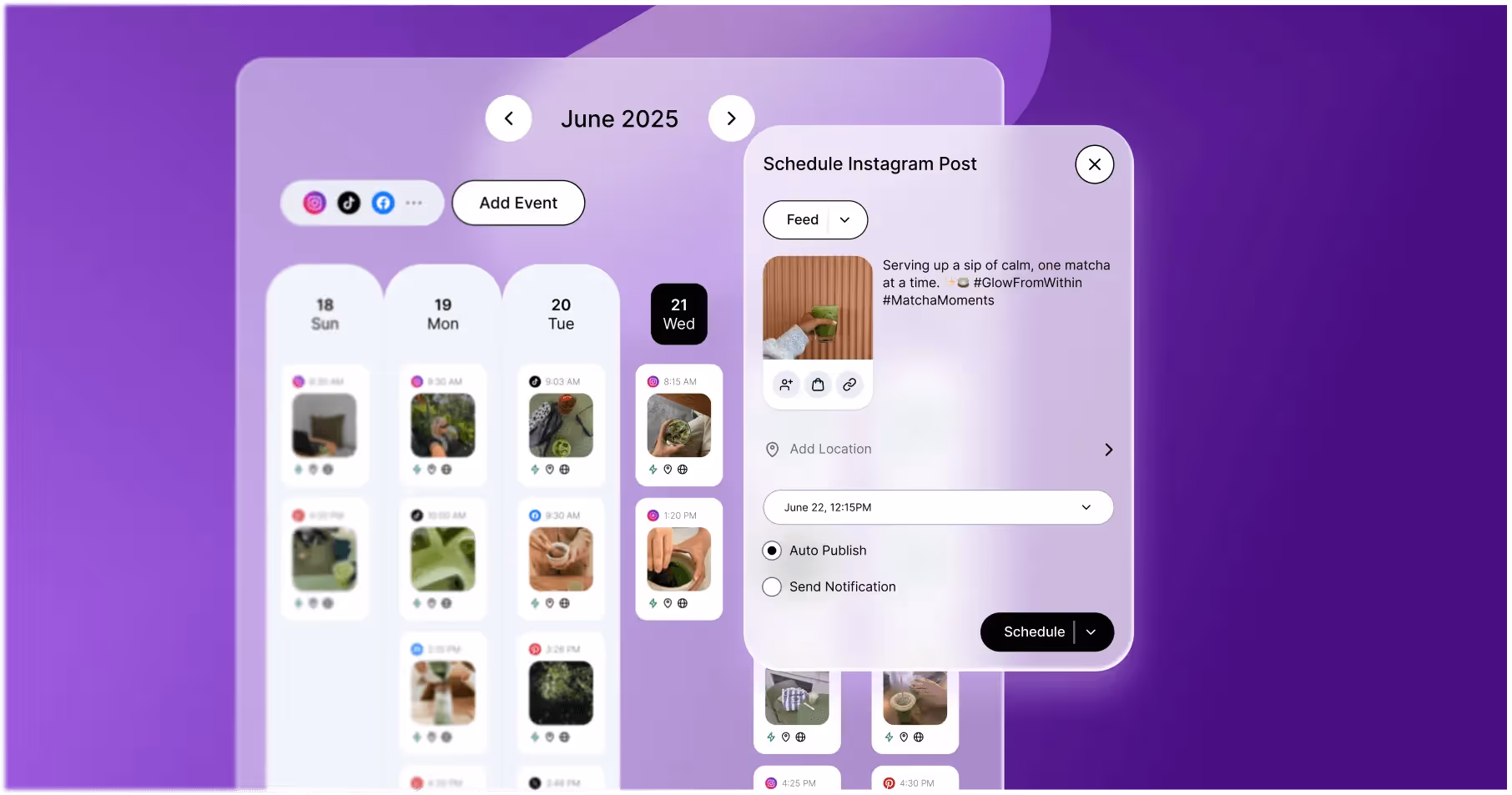 Smartphone with three image carousel post on purple background