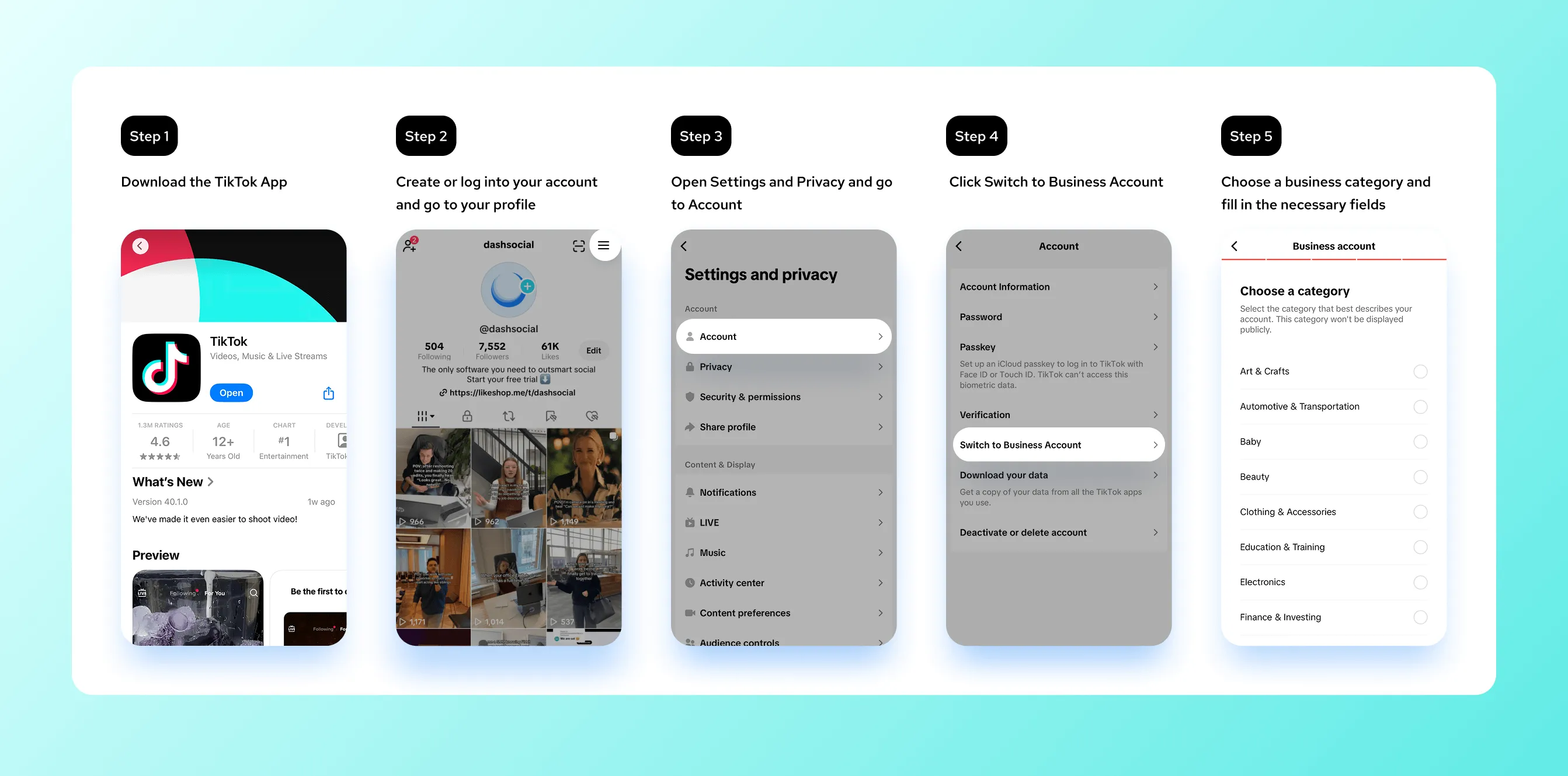 Step-by-step guide to switching a TikTok account to a business account.
