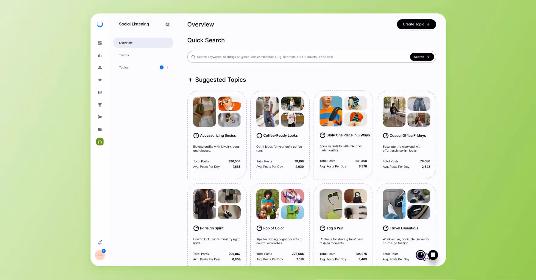 Social listening dashboard with trending fashion topics and post statistics