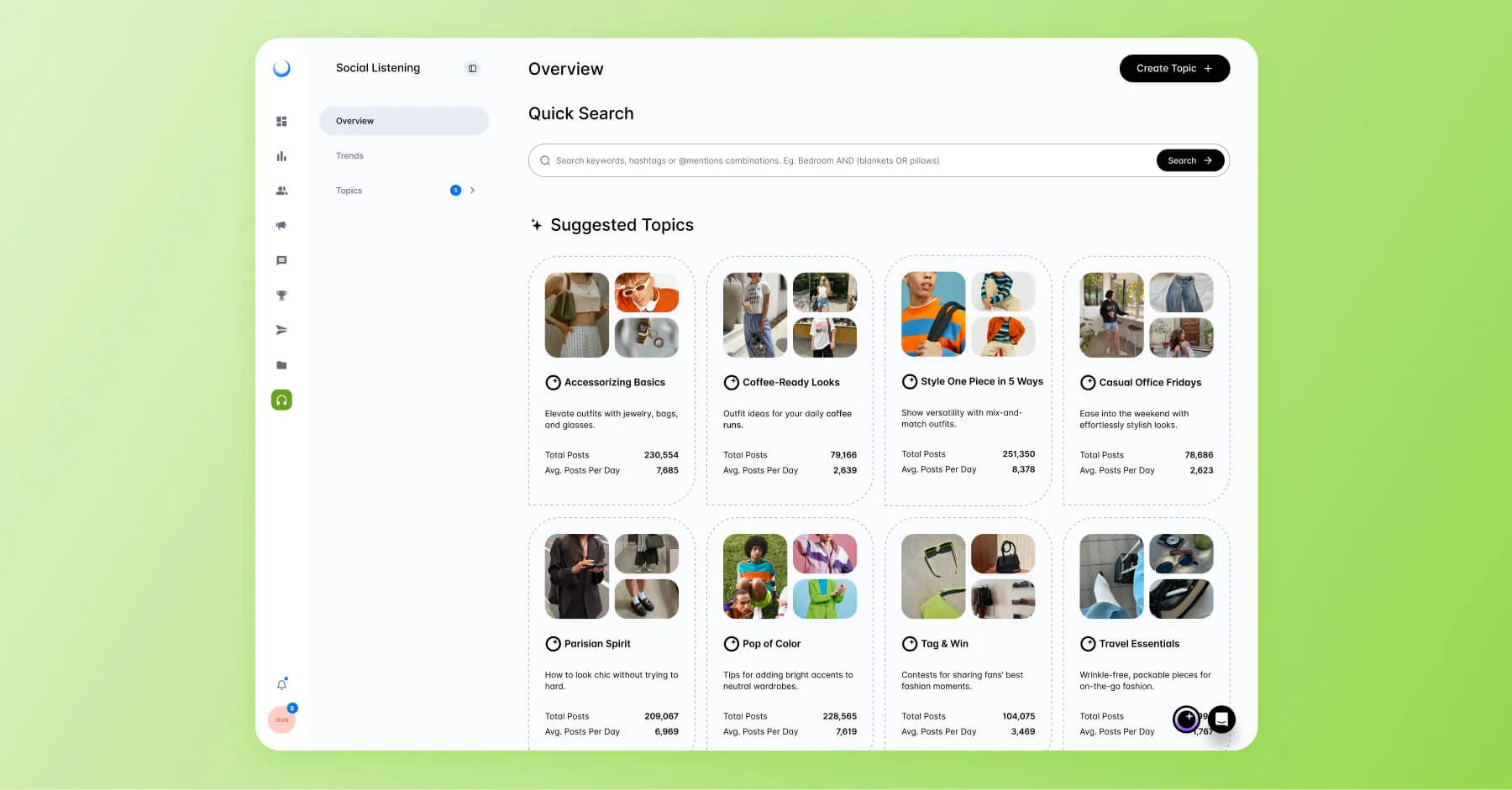 Social listening dashboard with trending fashion topics and post statistics