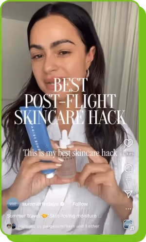 Woman showing skincare products in post about post-flight hydration tips