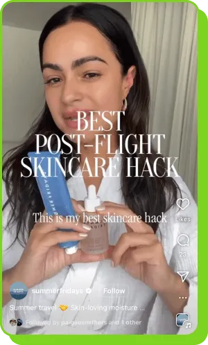 Woman showing skincare products in post about post-flight hydration tips