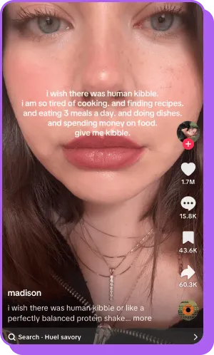 Close-up of woman’s face with text expressing frustration over meal prep