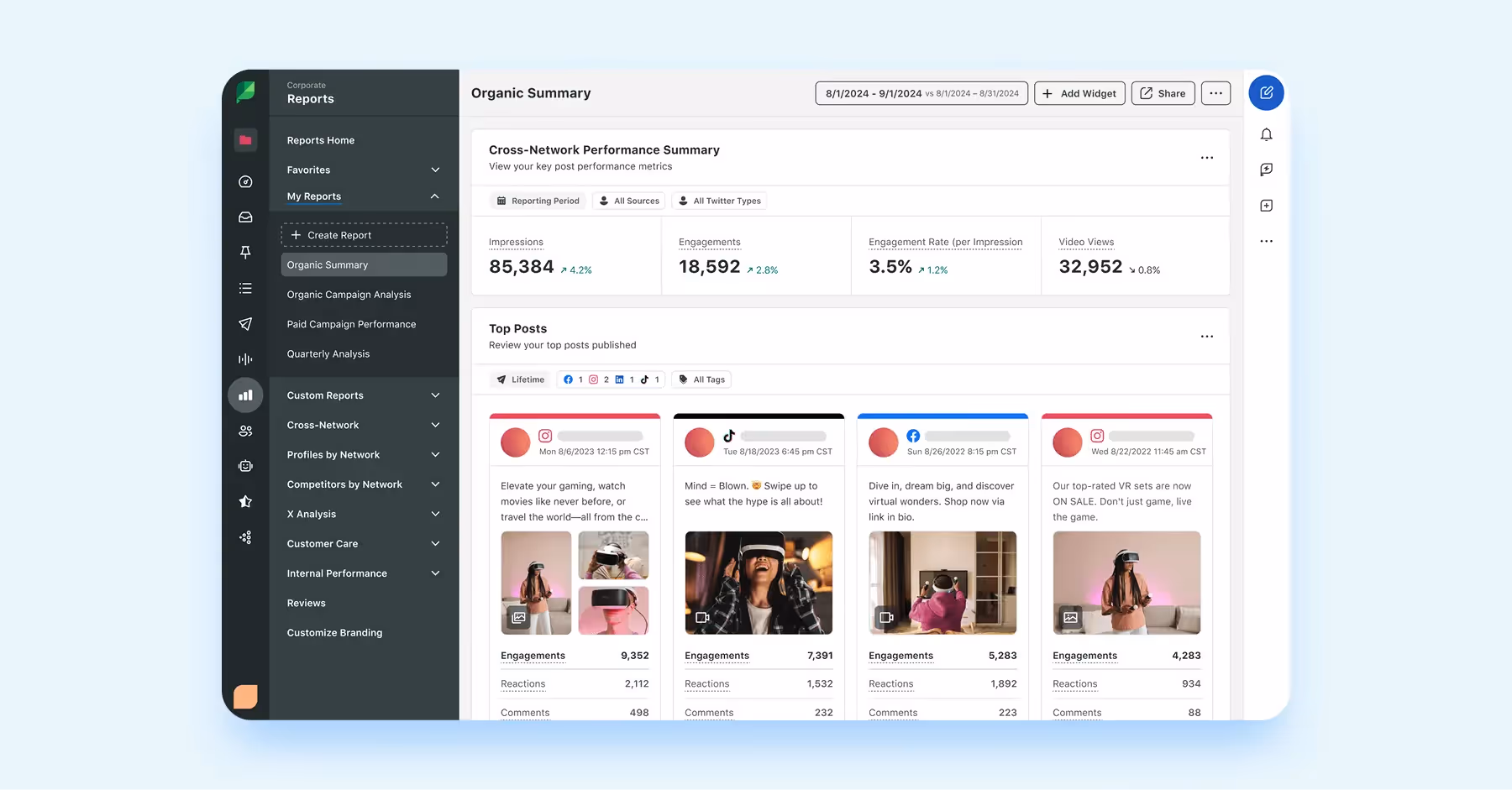 Organic summary dashboard with top posts, impressions, engagements, and video views