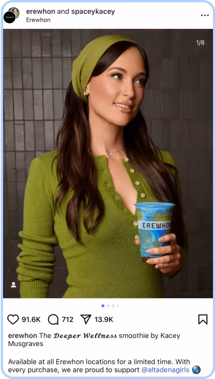 Kacey Musgraves holding Erewhon smoothie in brand partnership Instagram post