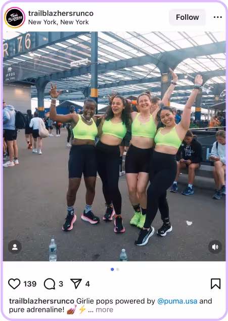 Group of women in neon green athletic wear posing post-run at a race event
