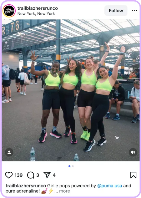 Group of women in neon green athletic wear posing post-run at a race event