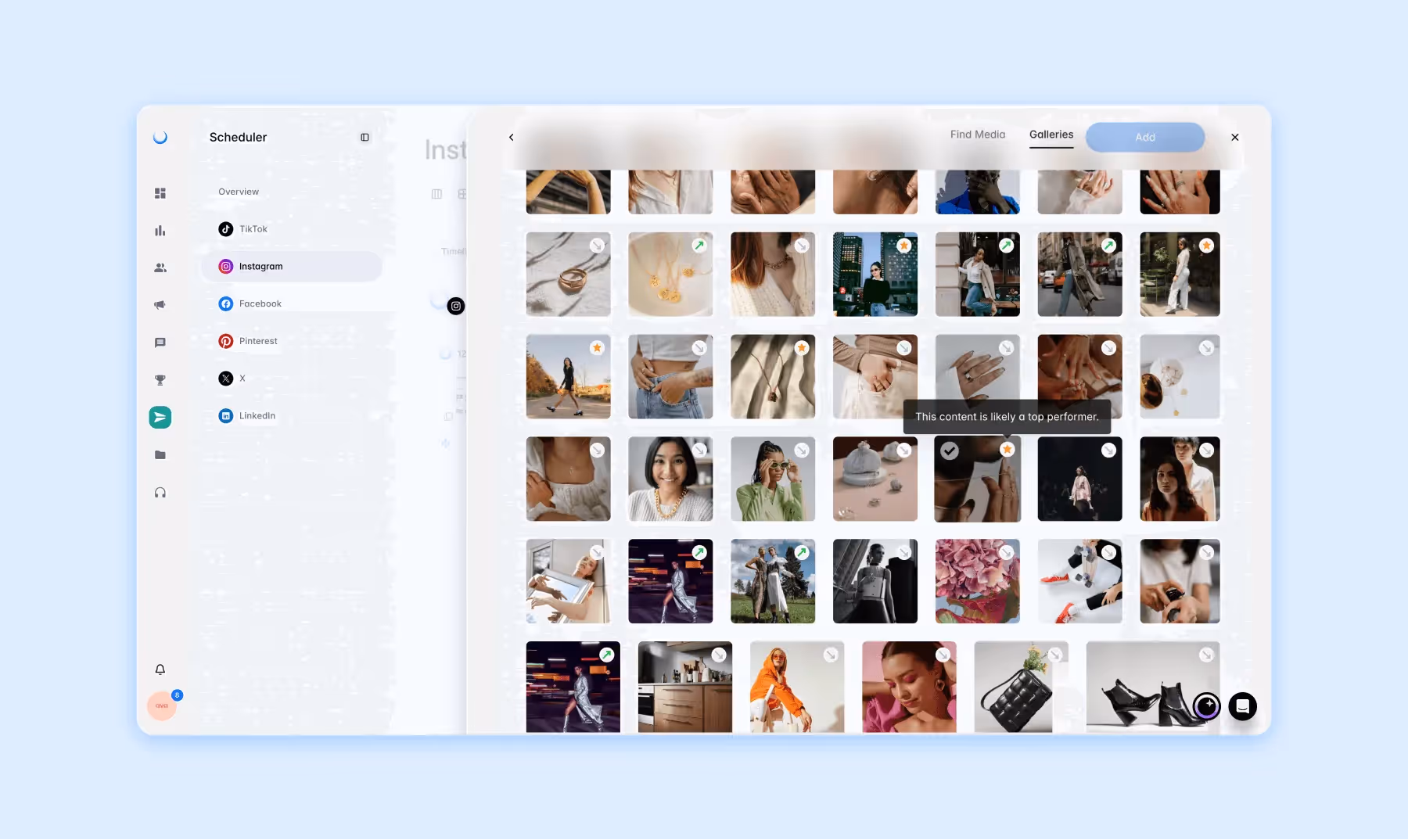 Instagram content gallery with top-performing media suggestions