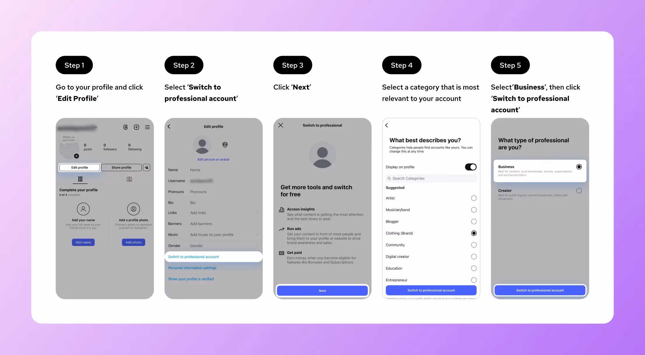 Five-step guide showing how to switch to a professional Instagram account.