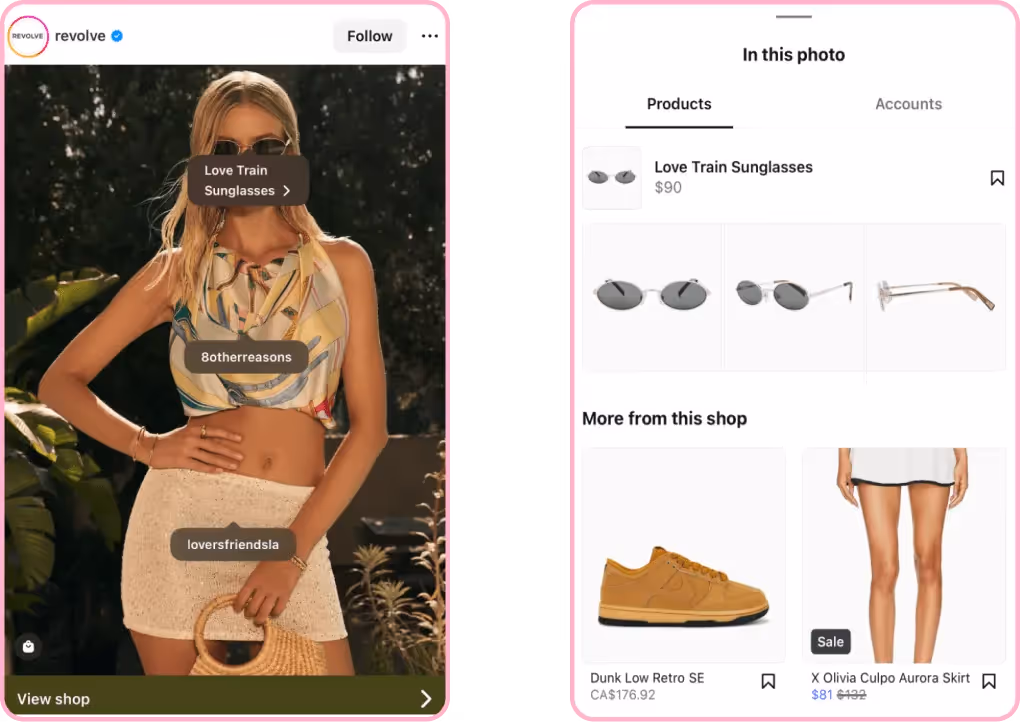 Instagram shopping tags on outfit with linked product listings for sunglasses and clothing