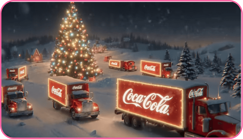 Coca-Cola trucks decorated with lights drive through snowy village near a large lit Christmas tree.