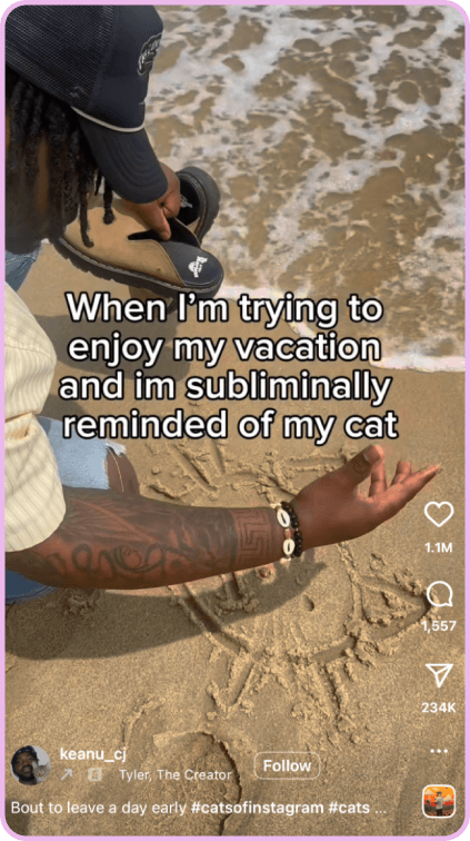Person kneels on beach drawing a cat face in sand with caption about missing their cat.