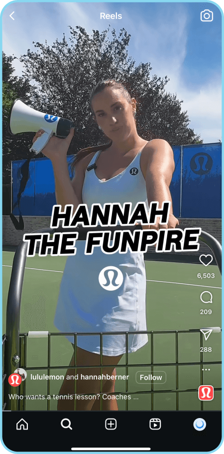 Lululemon tennis-themed Instagram Reel with Hannah holding a megaphone.