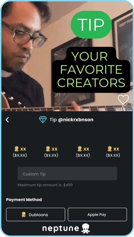 Tipping interface on Neptune app showing options to support creators with Dubloons or Apple Pay.
