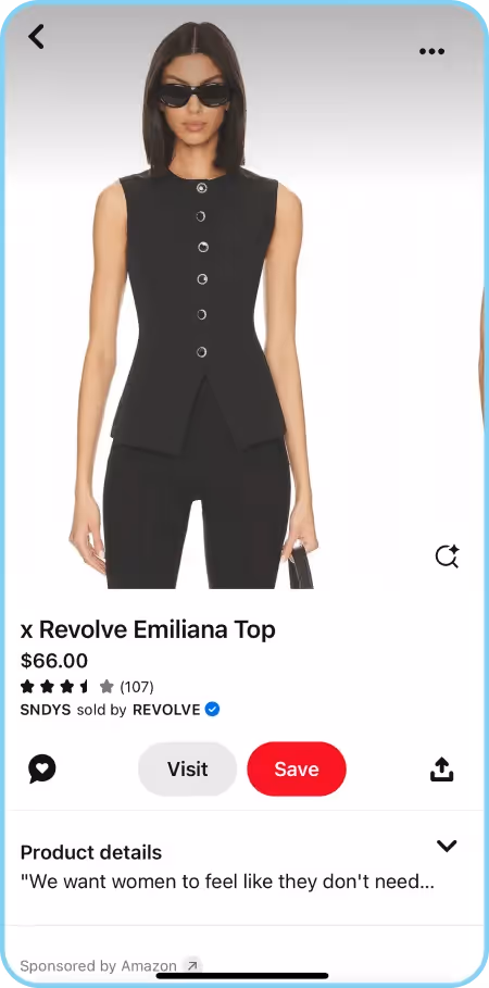 Black Revolve Emiliana top displayed on Pinterest with price and product details.